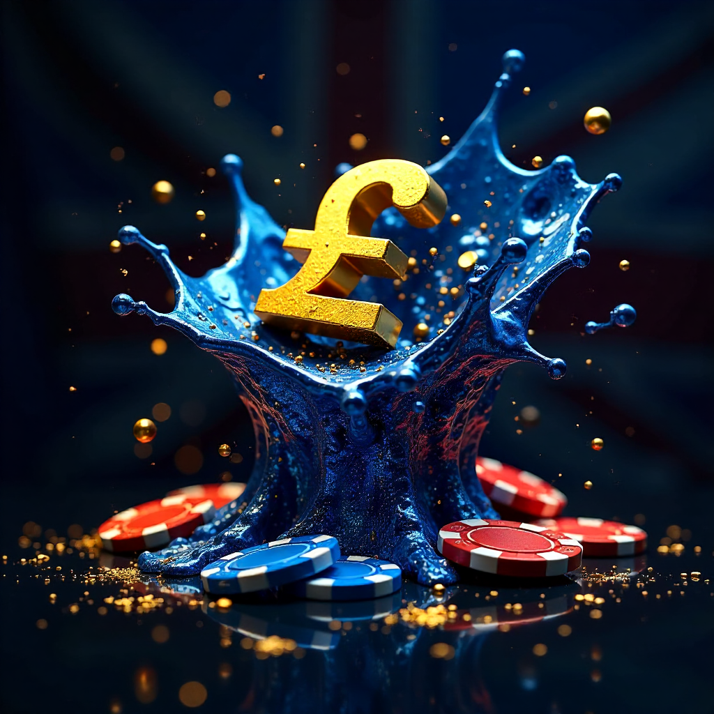 Dynamic liquid metal explosion in royal blue and gold, swirling 3D golden British Pound symbols and casino chips, subtle Union Jack patterns made of light in the background, dark charcoal reflective surface, high-tech financial gambling art, sharp focus,